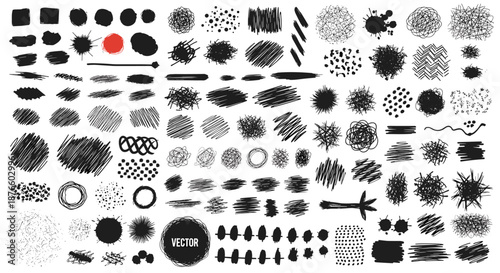 Collection of various hand-drawn black ink scribbles, blobs, circles, lines, and textures on a white background for creative design projects.