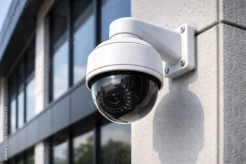 White and black spherical external surveillance camera on building facade