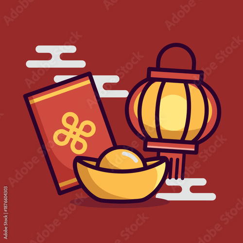 A vibrant illustration of traditional Chinese New Year elements including a red envelope, golden ingot, and lantern on a red background.