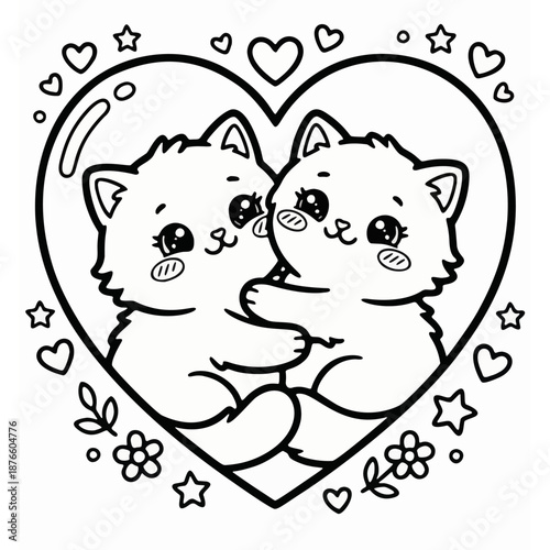Two cute kittens hugging in heart coloring page