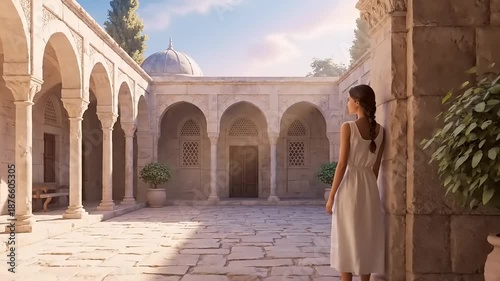 Woman in White Dress Walking Through Ancient Courtyard.
