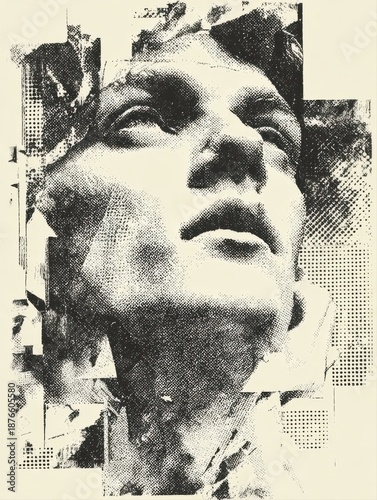 Upward Gaze of a Classical Sculpture Head Fragmented with Text and Dot Patterns in Halftone face