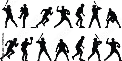 Baseball player silhouettes collection showing batting pitching running and fielding actions isolated black vector illustration set