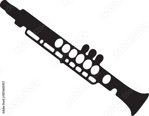Black silhouette of a clarinet with visible keys and tone holes on a white background