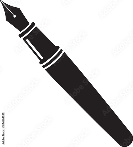 Black silhouette of a classic fountain pen with a pointed nib and two silver bands on a white background