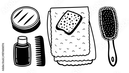 Grooming Essentials Displayed on a White Background with Various Tools and Accessories