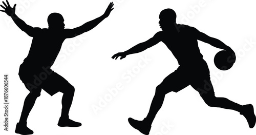 Basketball players silhouette facing off in one on one defense and dribbling action isolated black vector illustration