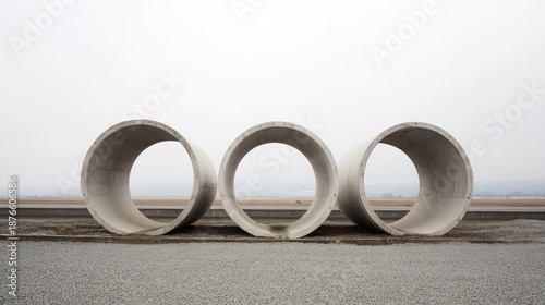 Massive concrete circular pipes lying on a gravel bed at a construction site. safety posters, maintenance manuals, designed for precision metalworking and fabrication facilities.