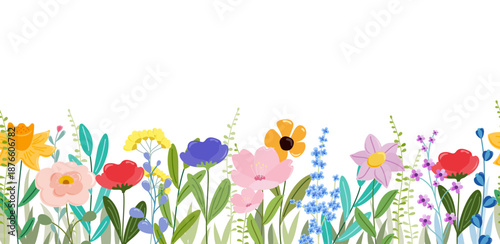 Collection of spring colorful flower elements vector. Floral boarder of wildflower, leaf branch, foliage on white background. Seamless pattern illustration for decor, easter, sticker, clipart