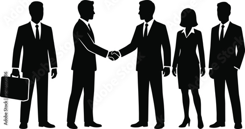Business handshake silhouettes agreement partnership teamwork corporate success men women black vector illustration isolated white background concept