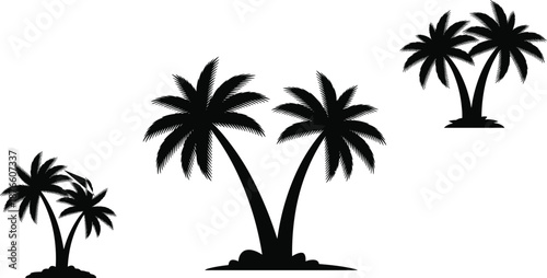 Grouped palm tree silhouette set, varied sizes and curved trunks, black tropical vector graphic with ground patches