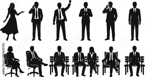 Business people silhouettes set showing standing talking sitting poses, professional men and women corporate actions, black vector illustration isolated