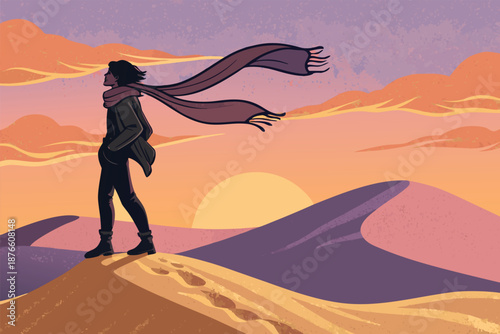 Traveler Sunset Silhouette Desert Dune