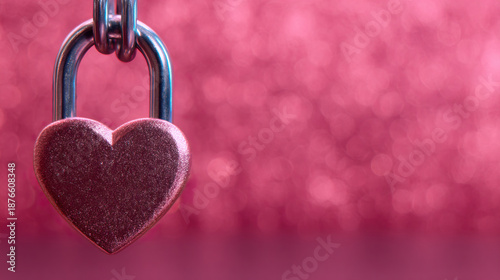 Heart shaped lock with shiny pink glitter surface hanging on metal shackle with blurred pink bokeh background creating romantic valentine mood and love concept