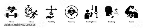 Training Recovery web banner icon illustration concept with an icon of fitness, interval, flexibility, recovery, cooling down, breathing, muscle. Glyph style