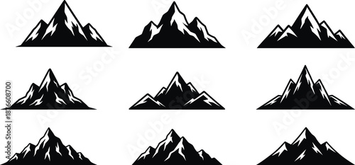 Mountain silhouette grid, stylized peak designs, black and white vector shapes, editable nature illustration, outdoor logo art, terrain set