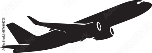 Airplane silhouette flying across white background