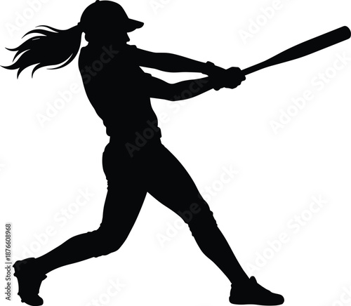 Female softball player silhouette swinging bat, athletic sports action pose isolated black vector illustration on white background design
