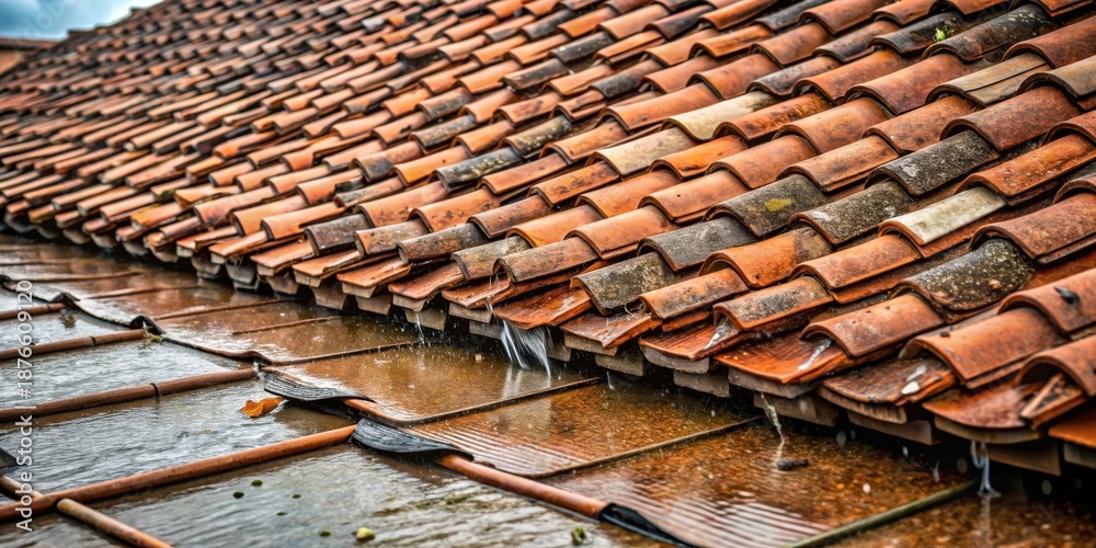 Fototapeta premium Rainwater cascading down a weathered terracotta roof's aged tiles, revealing the building's resilience and the beauty of natural elements during a downpour.