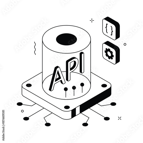 A modern isometric illustration of api hologram and software integration