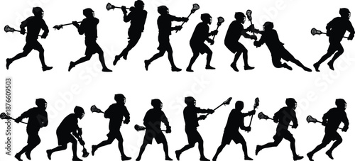 Lacrosse player silhouettes action sequence showing running passing shooting and tackling moves isolated black vector illustration