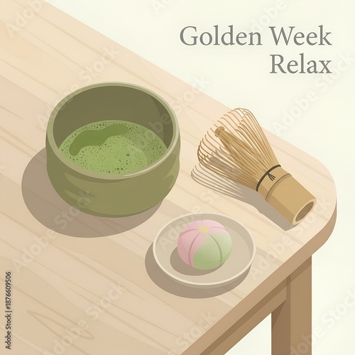 Traditional Japanese matcha green tea set with bamboo whisk and wagashi sweet on wooden table for Golden Week relaxation zen meditation wellness and oriental tea ceremony culture background