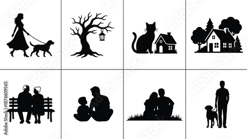 Lifestyle silhouette icons set showing people pets home nature scenes and family moments isolated black vector illustration