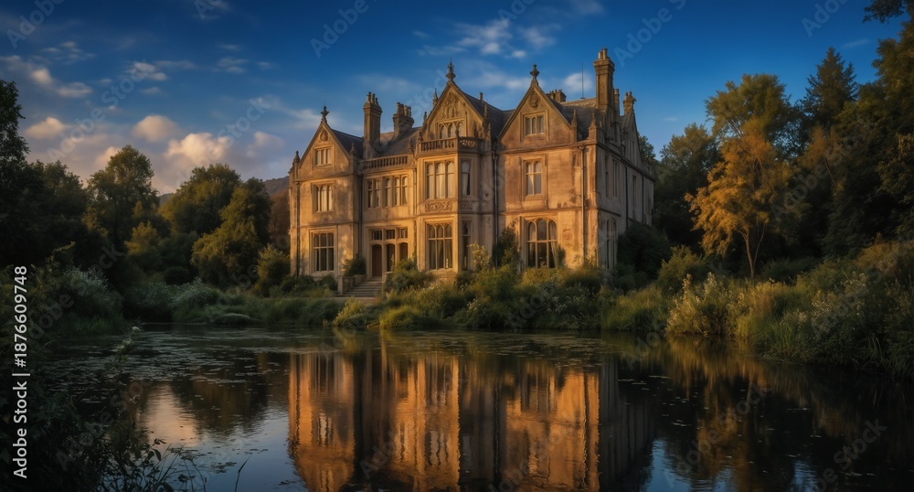 Obraz premium historic victorian manor house reflected in tranquil pond with lush greenery under a dramatic sky.