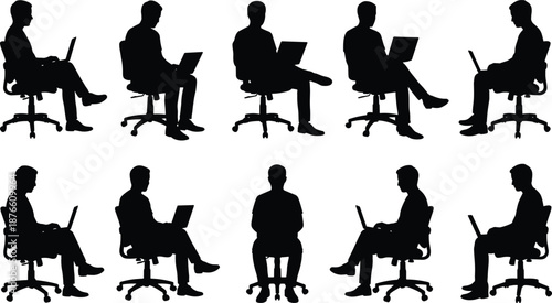 Office worker silhouette collection using laptop while sitting on swivel chair, professional business working poses, modern workplace concept illustration