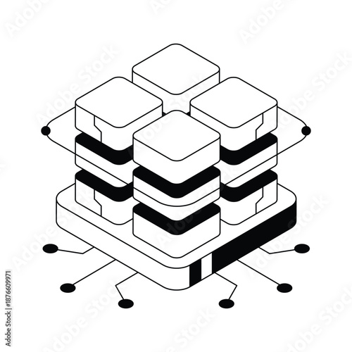 An isometric illustration displaying layered 3d model system architecture