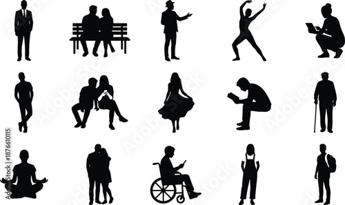 People silhouette collection showing walking sitting dancing reading smartphone meditation wheelchair modern lifestyle activities illustration