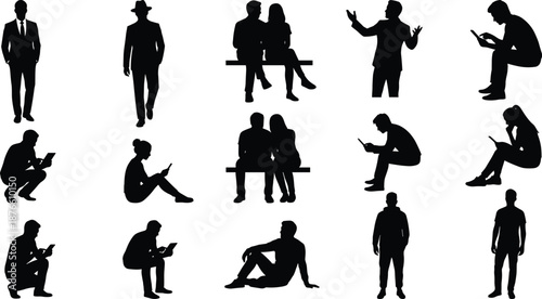 People silhouette collection walking sitting reading using smartphone couples talking gestures modern lifestyle daily activities illustration