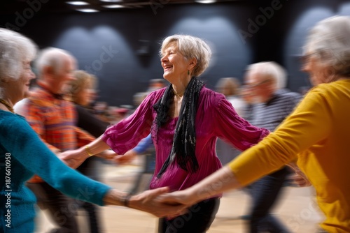 Cheerful group of active senior people enjoying a rhythmic dance class in a community center for health and social connection