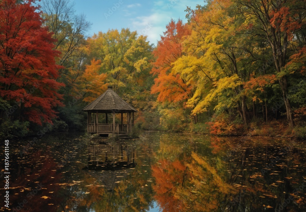 Fototapeta premium autumn scene with a charming gazebo reflected in a still pond surrounded by vibrant fall foliage.