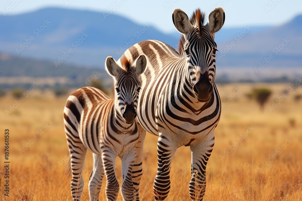 Fototapeta premium Zebras mother and young one standing together in dry african grasslands