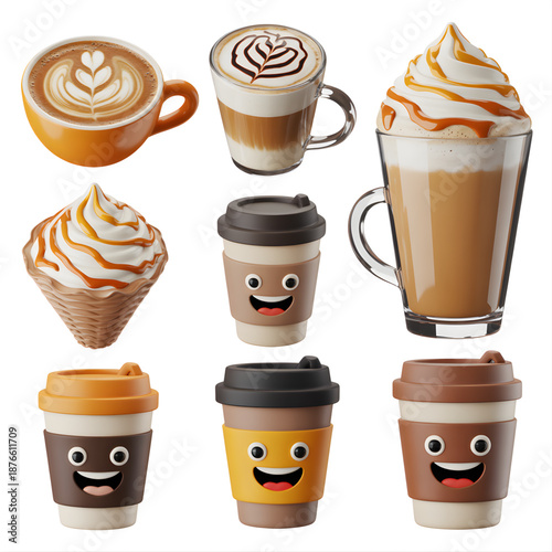 Coffee Drinks and Cartoon Coffee Cups Assortment Isolated on White 3D Render