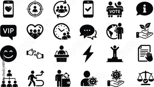 Social media community icons set, people engagement voting communication support leadership charity symbols black vector illustration isolated collection