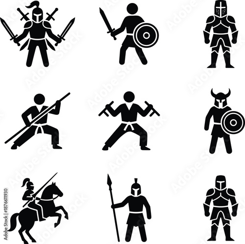 Warrior silhouette icons set featuring knights samurai vikings and ancient fighters with weapons isolated black vector illustration