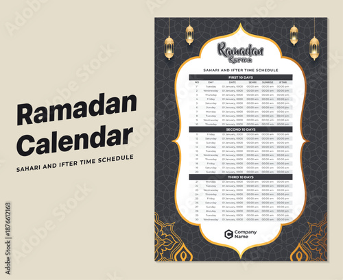 Ramadan calendar iftar and sahari schedule template. Ramadan Calendar Design Template. Islamic Calendar and Sehri Ifter time Schedule. Ramadan Kareem Flyer Design