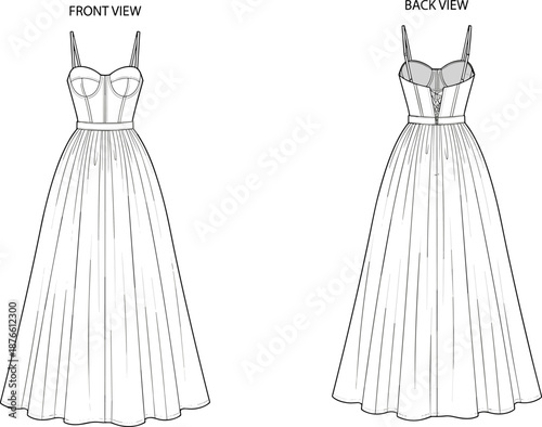 Women corset maxi dress fashion technical flat front and back view elegant long gown apparel illustration vector