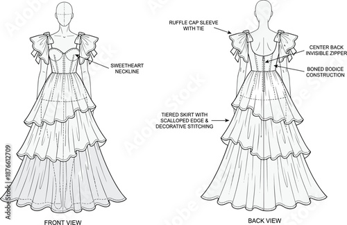 Women ruffle cap sleeve tiered gown fashion technical flat front and back view sweetheart neckline apparel illustration vector