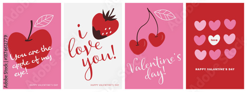 4 Romantic Valentine Card Set. Cute fruits and heart motif design. For greeting card, poster, banner and flyer etc.