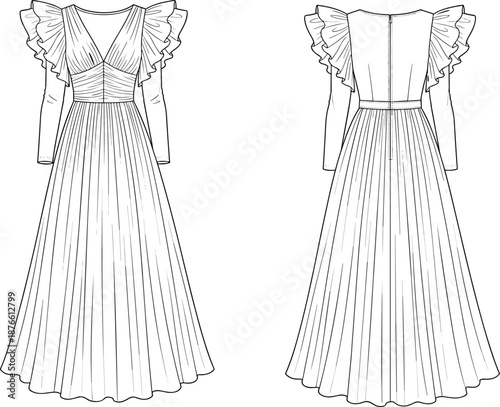 Women ruffle shoulder long sleeve maxi dress fashion technical flat front and back view elegant pleated gown illustration vector