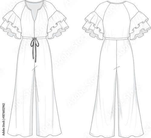 Women ruffled sleeve jumpsuit technical fashion flat front and back view elegant wide leg apparel design illustration vector