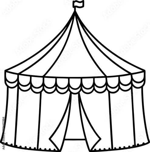 Circus tent with flag, open entrance, rounded shape and striped roof, carnival or festival shelter line art drawing
