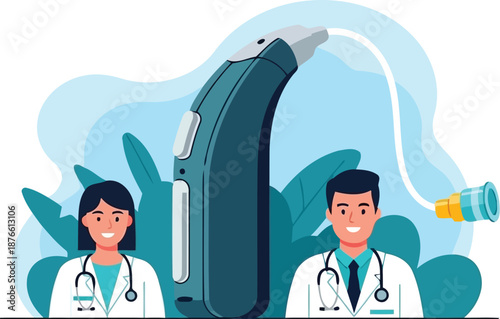World Hearing Day concept with two doctors and large hearing aid device