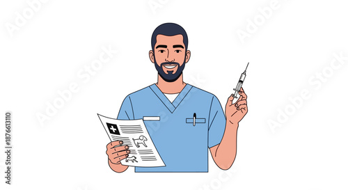 Dentist holding dental tools and clipboard.