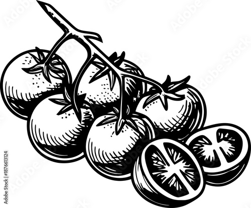 Cluster of cherry tomatoes on vine with two halves sliced, fresh vegetable illustration