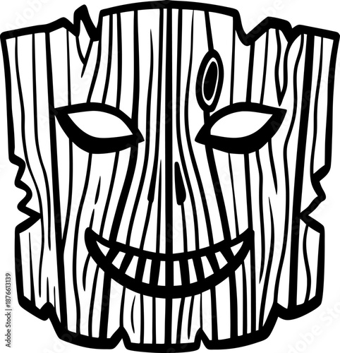 Wooden mask with sinister smile and hollow eyes, wood texture face cutout
