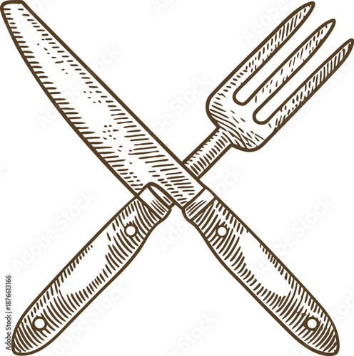 Crossed vintage knife and fork illustration hand drawn kitchen cutlery for dining or cooking concept